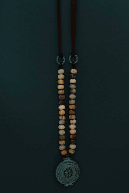 Amazonite Button Gemstone Ribbon Necklace with Medallion