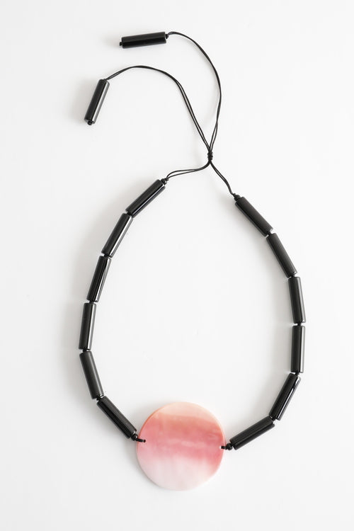 Black Agate Tubes with Large Hand Carved Conch Shell Medallion Necklace