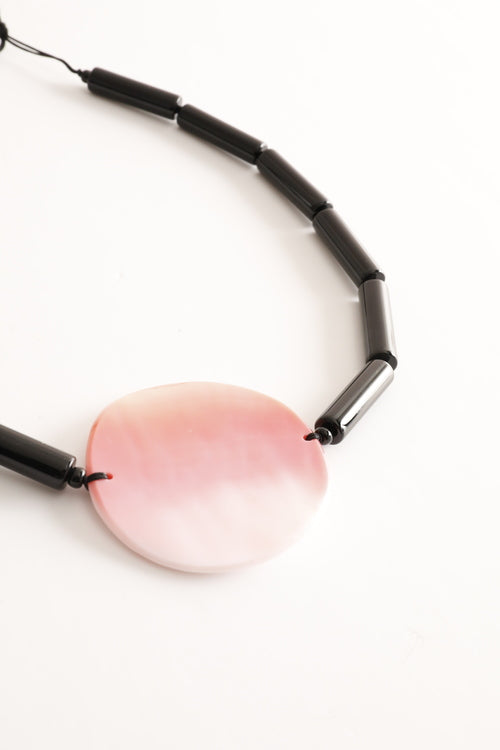 Black Agate Tubes with Large Hand Carved Conch Shell Medallion Necklace