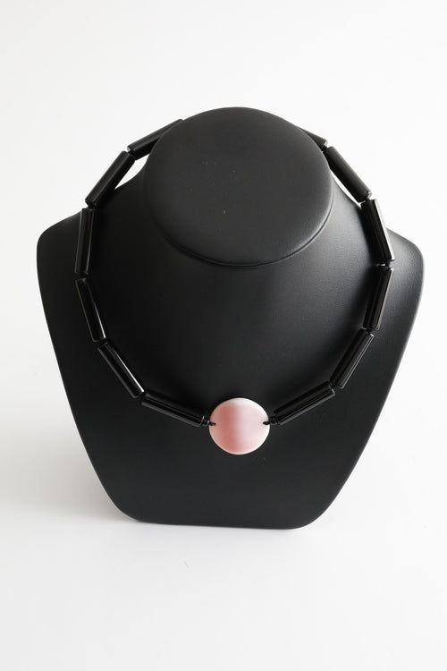 Black Agate Tubes with Medium Hand Carved Conch Shell Medallion Necklace