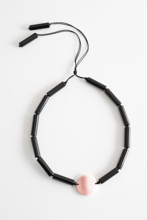 Black Agate Tubes with Medium Hand Carved Conch Shell Medallion Necklace