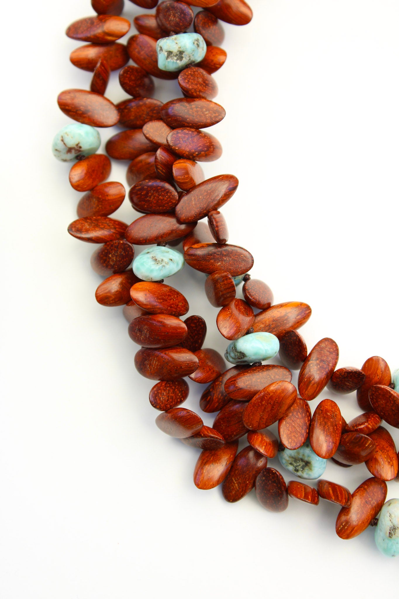 Chunky Wood and Larimar Nuggets Gemstone Necklace - Statement Necklace