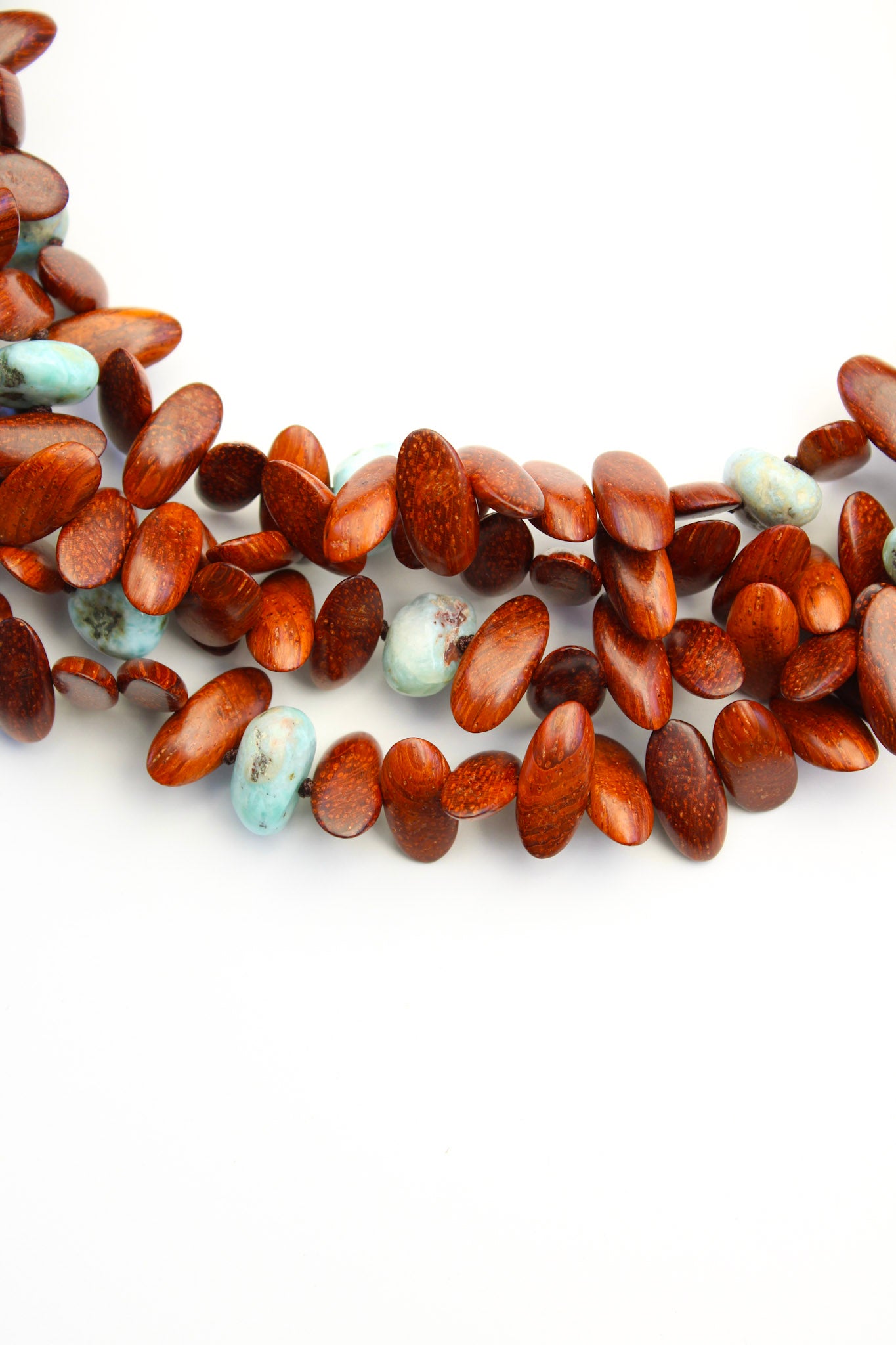 Chunky Wood and Larimar Nuggets Gemstone Necklace - Statement Necklace