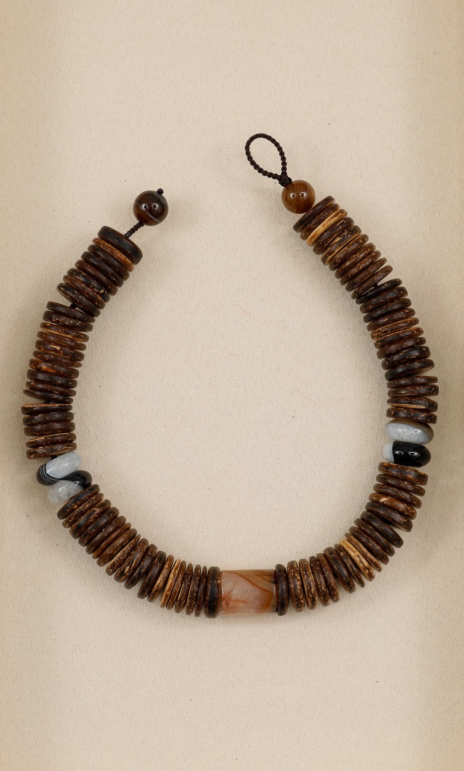 Dark Brown Coconut Discs with Black and White Agate Gemstone Necklace