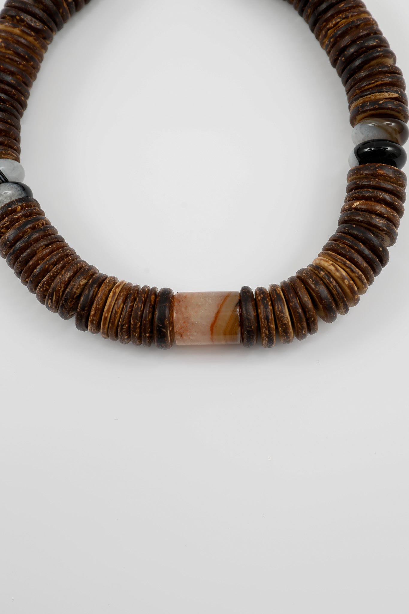 Dark Brown Coconut Discs with Black and White Agate Gemstone Necklace