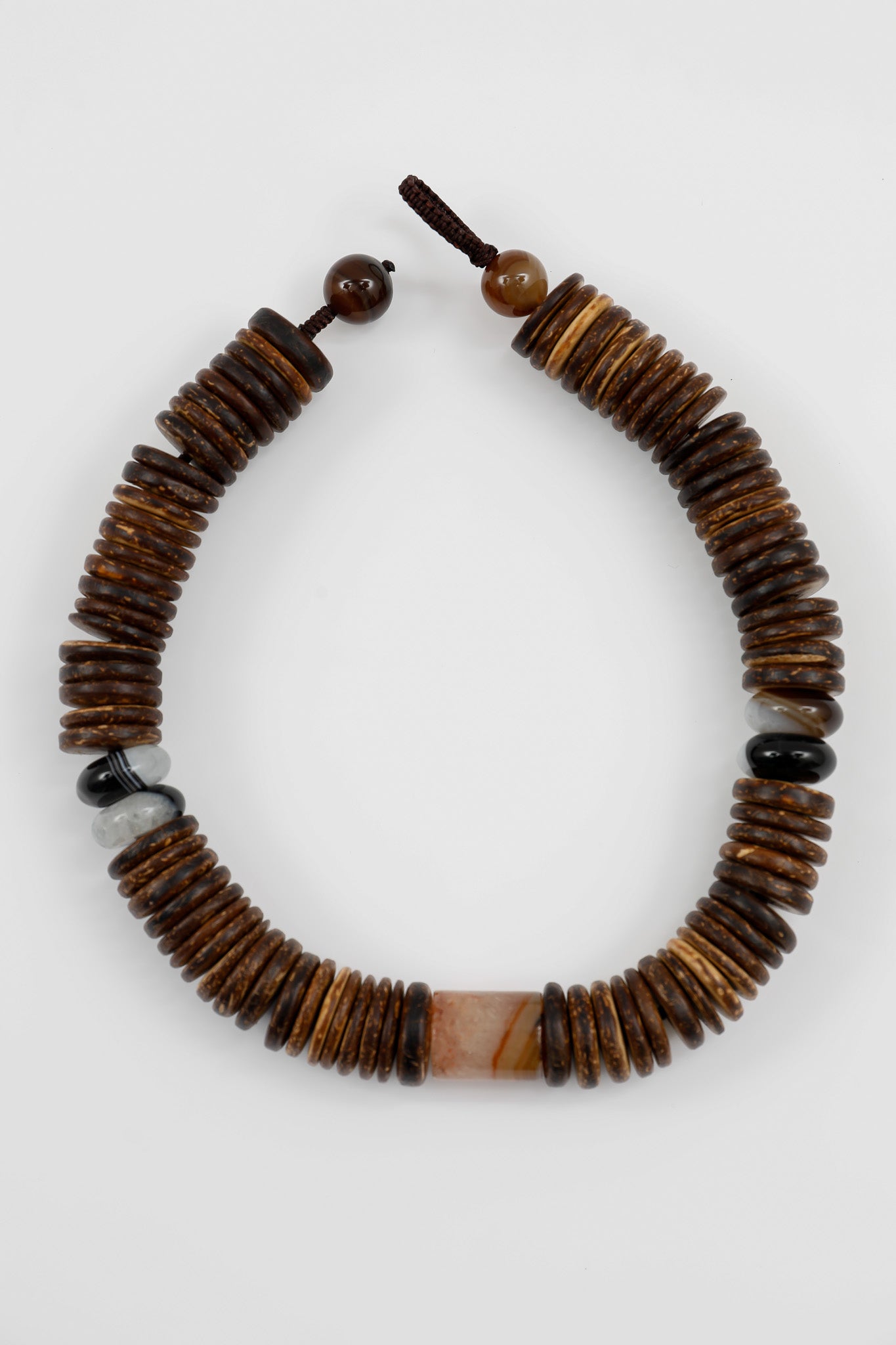 Dark Brown Coconut Discs with Black and White Agate Gemstone Necklace