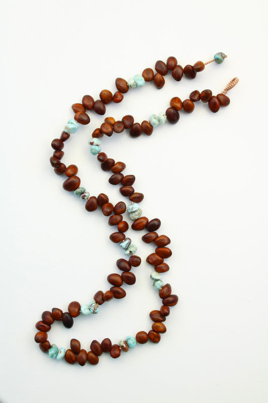 LongWoodBahamianBayBeansandLarimarNuggetsGemstoneNecklace-StatementNecklace