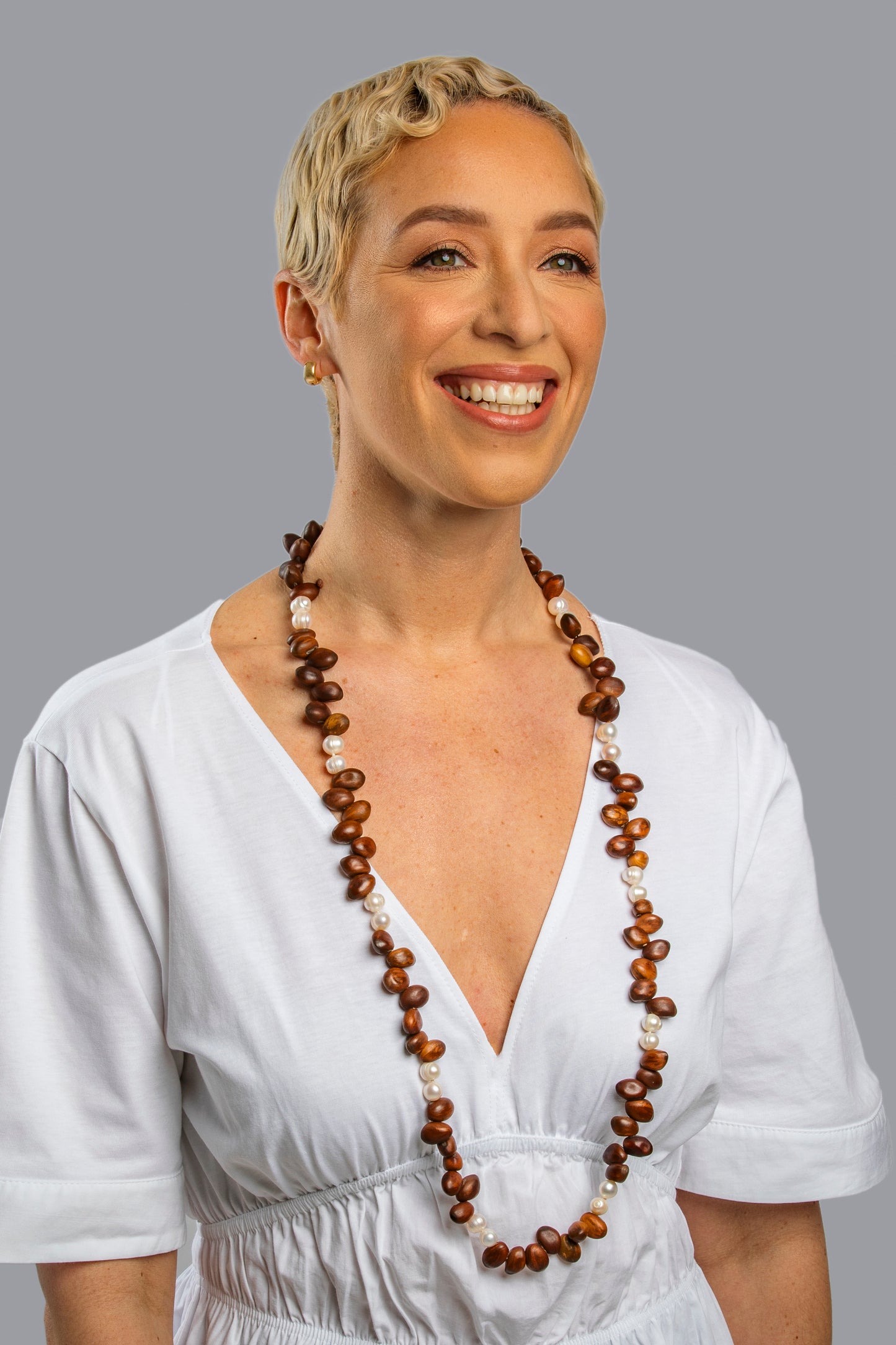 Wooden Bay Beans and Pearls Long Gemstone Necklace
