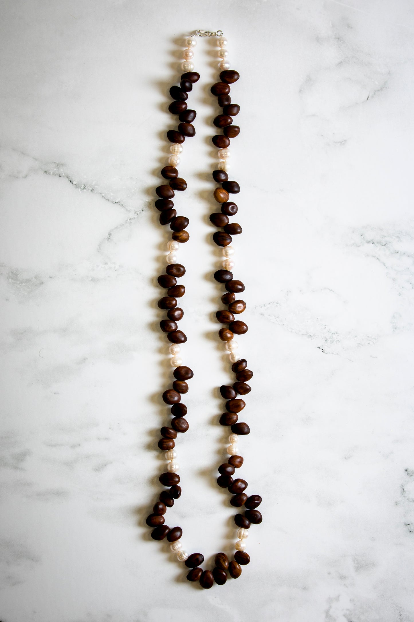 Wooden Bay Beans and Pearls Long Gemstone Necklace
