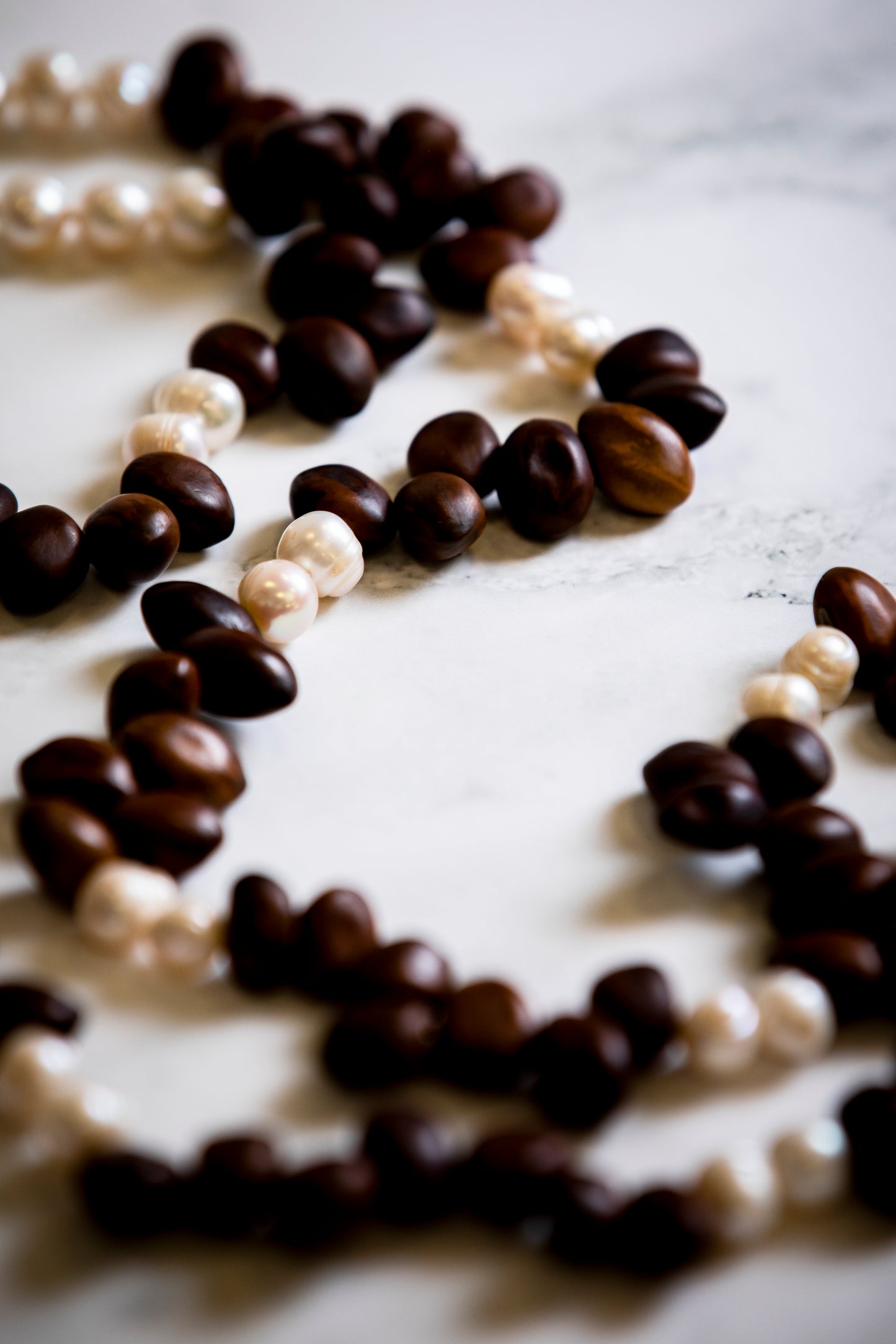 Wooden Bay Beans and Pearls Long Gemstone Necklace