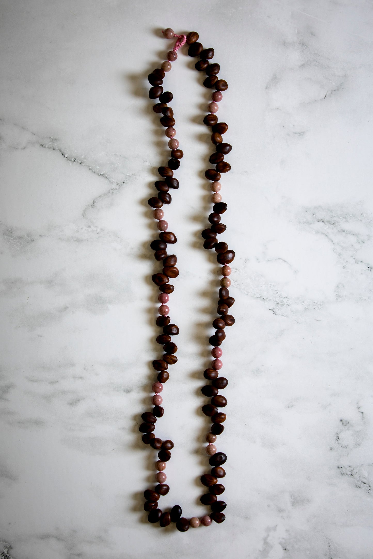 Wooden Bay Beans and Pink Rhodonite Long Necklace