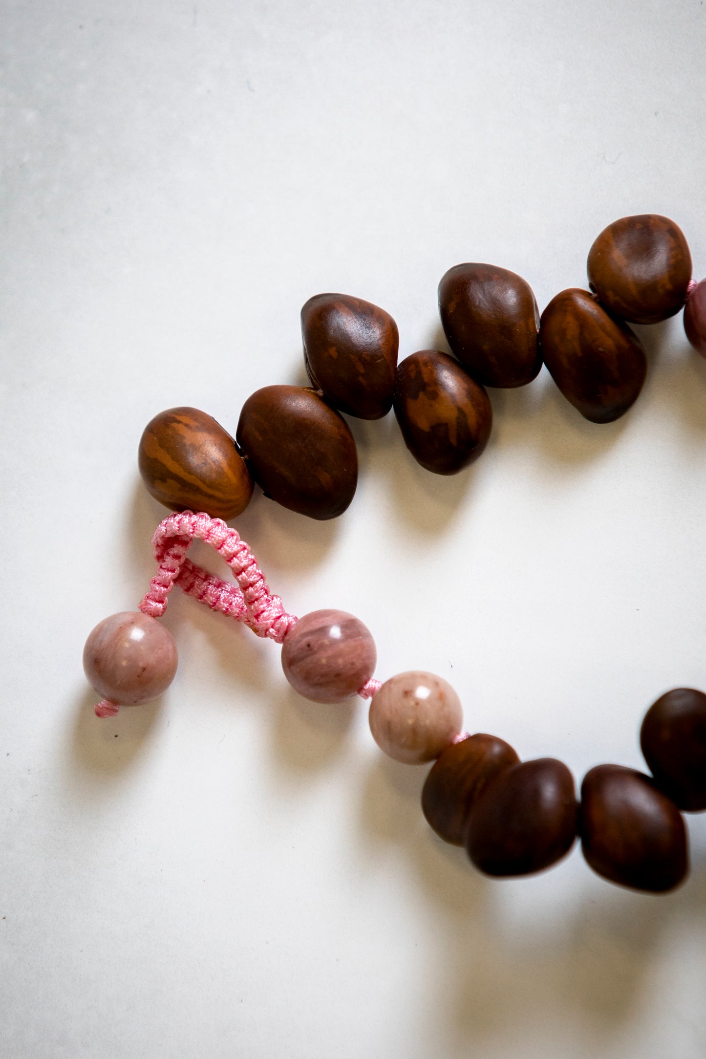 Wooden Bay Beans and Pink Rhodonite Long Necklace
