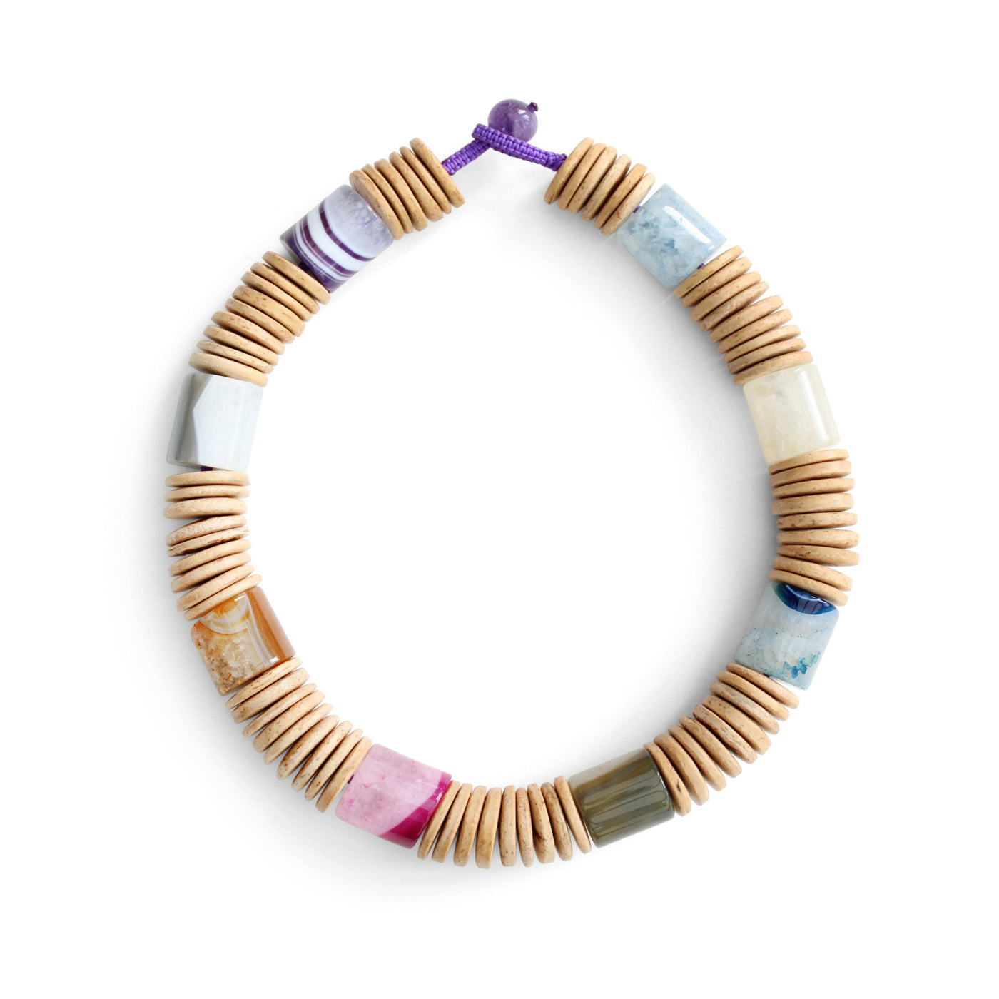 Tide Pool necklace, hand-knotted in light coconut and multi-colour agate
