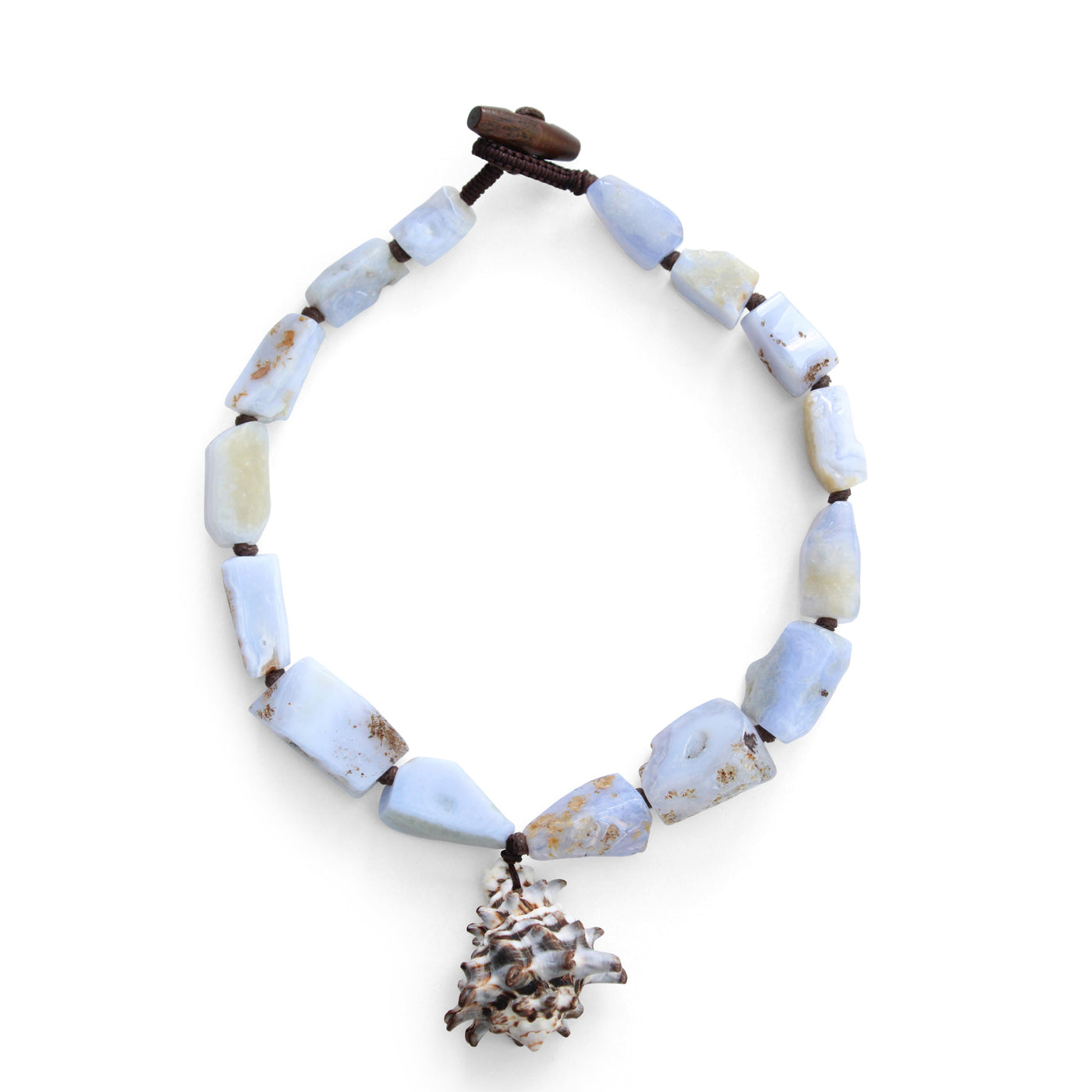 First Light necklace, hand-knotted in blue lace agate and murex shell