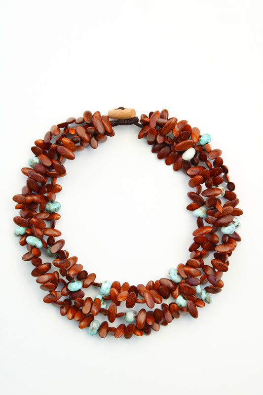 Chunky Wood and Larimar Nuggets Gemstone Necklace - Statement Necklace