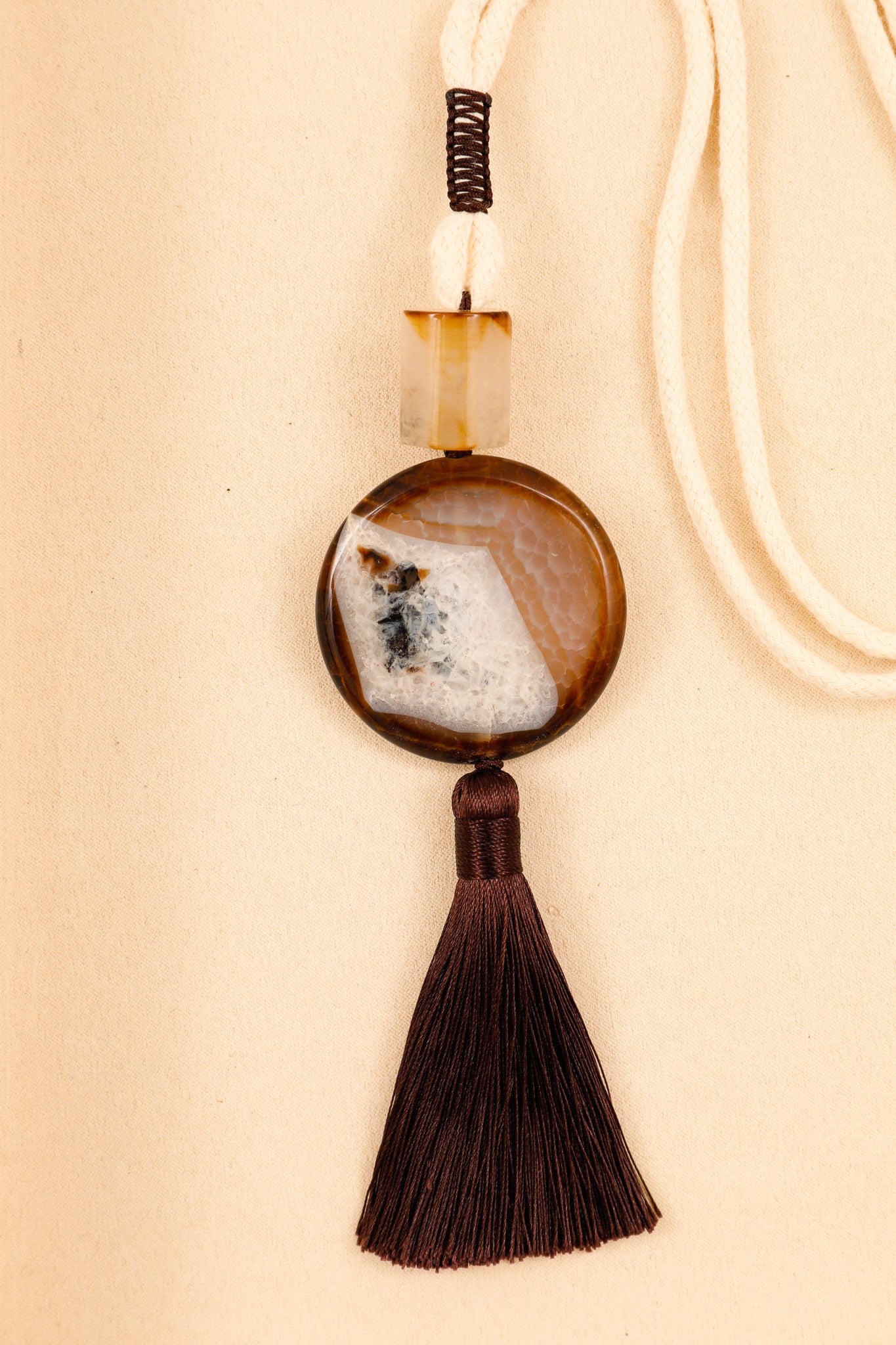 Large Brown Agate Coin and Cylinder Long Rope Necklace