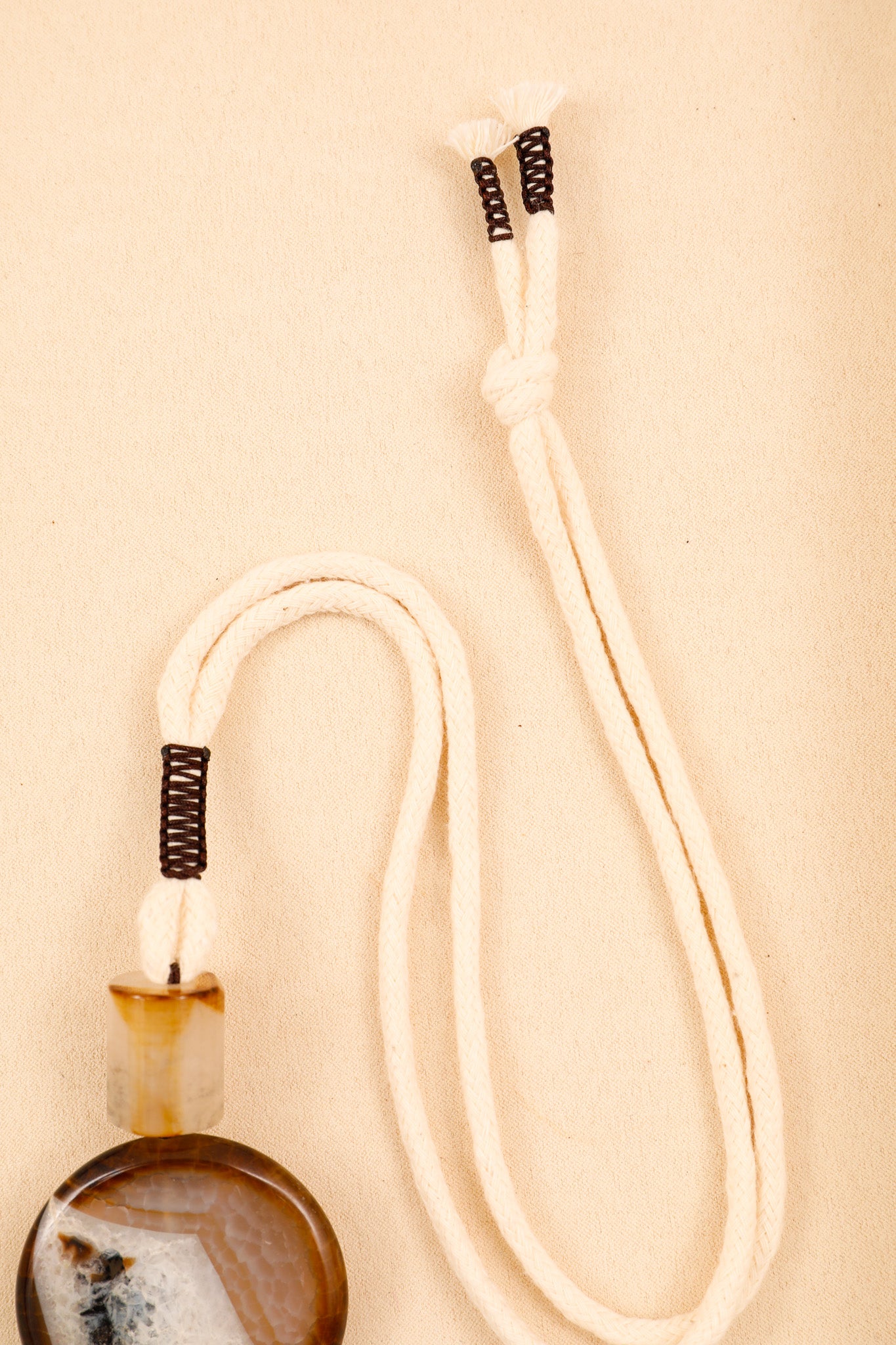 Large Brown Agate Coin and Cylinder Long Rope Necklace