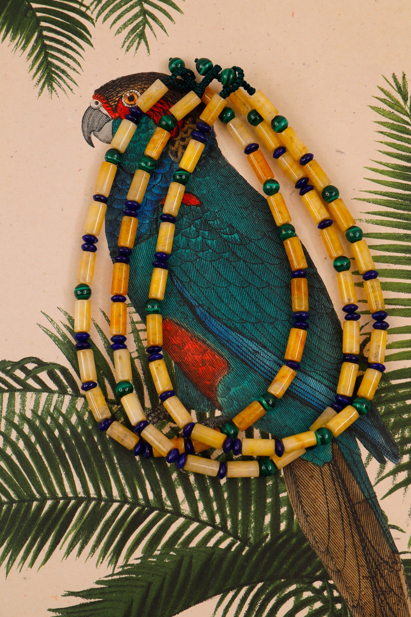 Yellow Jade Tubes with Malachite and Lapis Lazuli