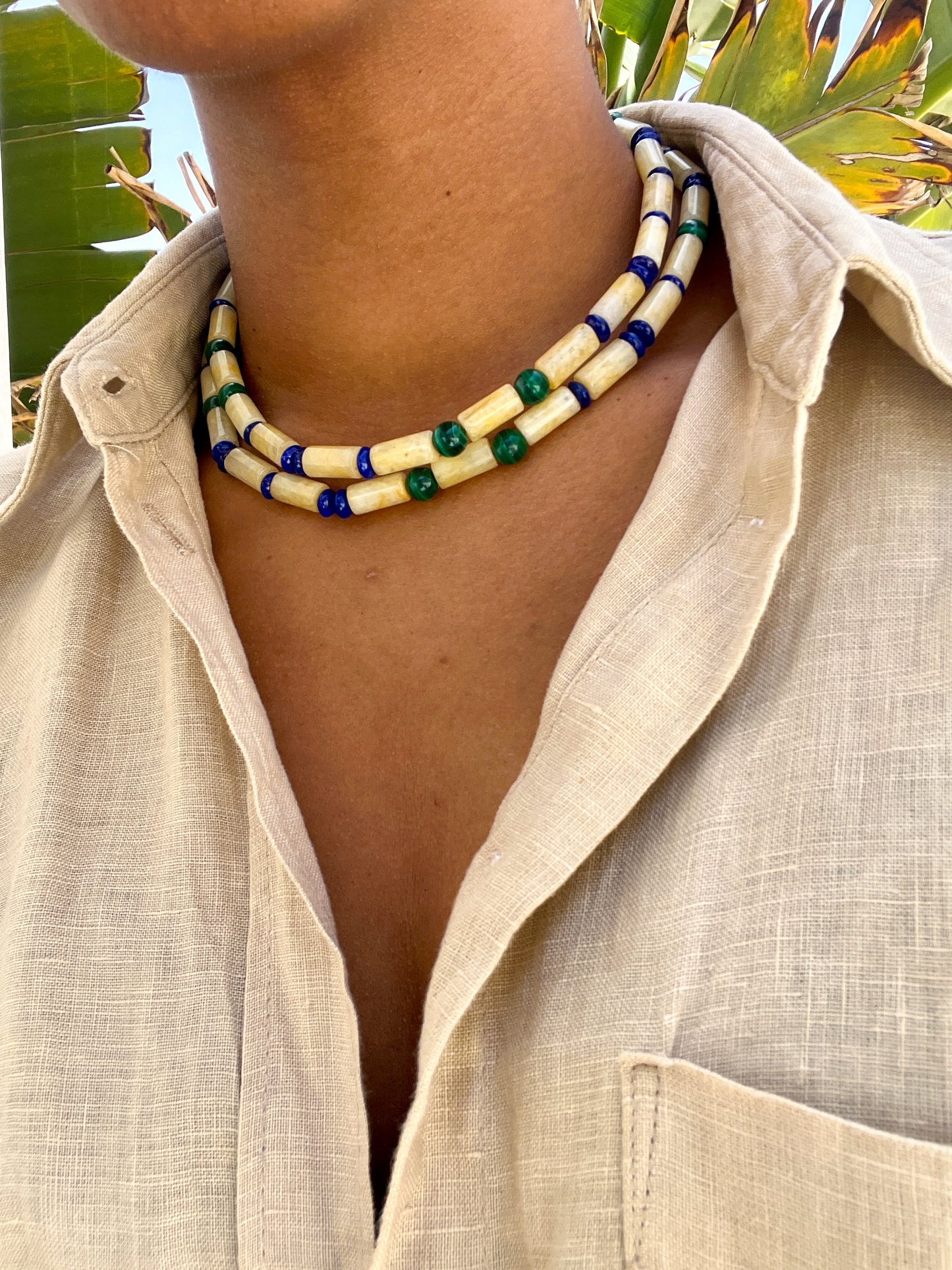 Yellow Jade Tubes with Malachite and Lapis Lazuli