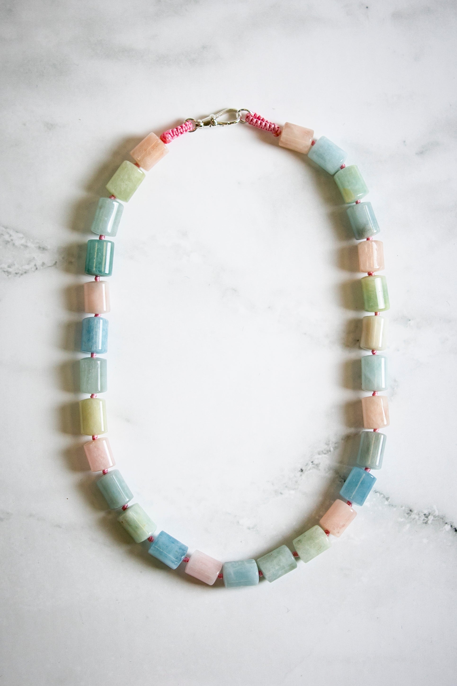 Pink Blue and Green Beryl Cylinder Gemstone Necklace -